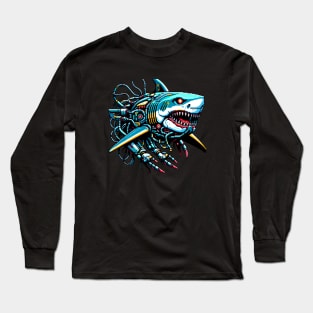 Underwater Tech Predator - Cybernetic Shark Pixel Art Long Sleeve T-Shirt